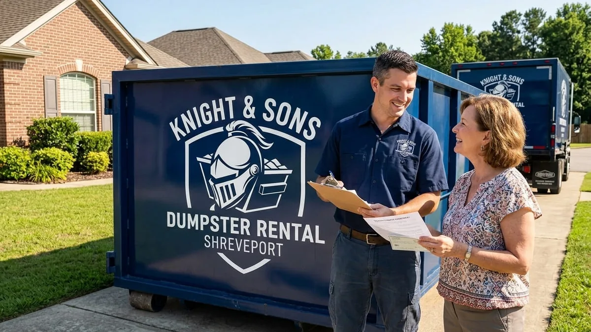 Knight & Sons Dumpster Rental Shreveport roll-off truck delivering in Shreveport, LA